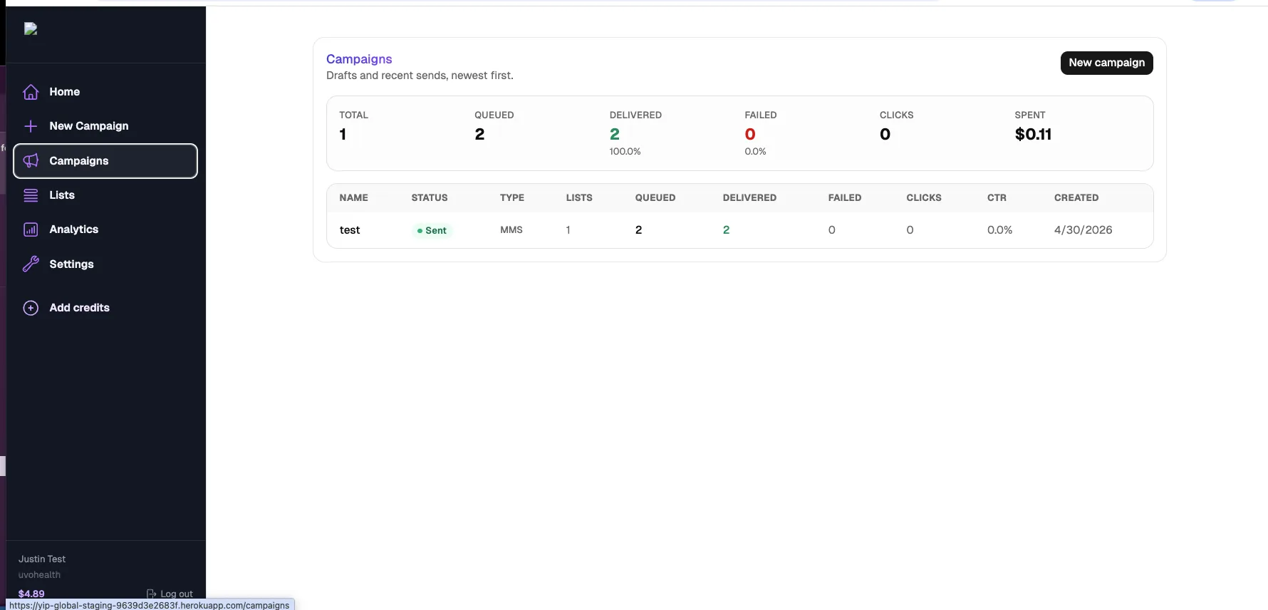 YIPSMS web app campaigns dashboard with delivery and campaign metrics