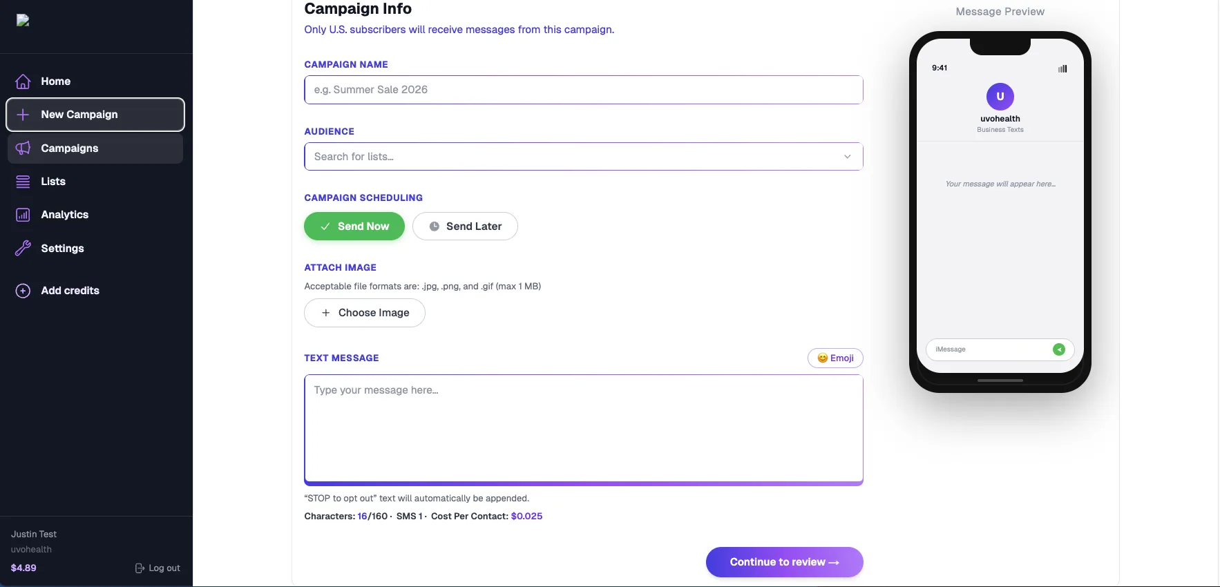 YIPSMS web app campaign editor with audience, schedule and message preview