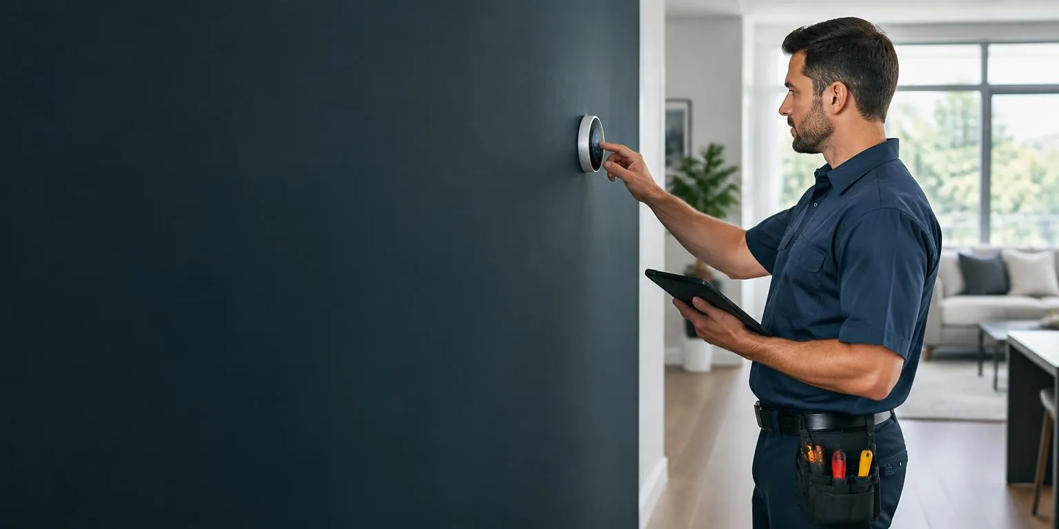 HVAC technician inspecting a thermostat in a customer's home