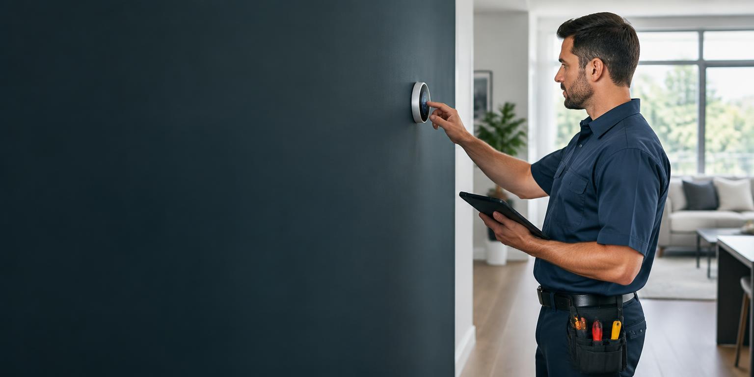 HVAC technician inspecting a thermostat in a customer's home