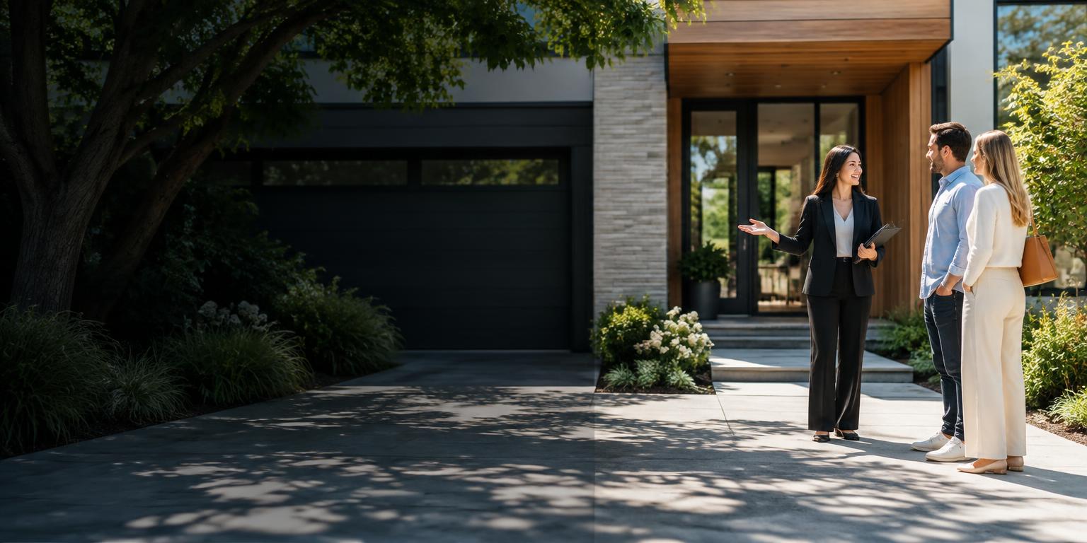 Real estate agent greeting prospective buyers outside a modern home