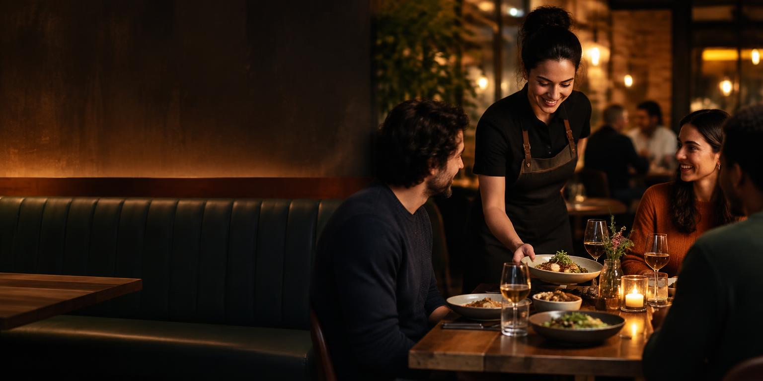 Restaurant server presenting a meal to diners at an independent restaurant