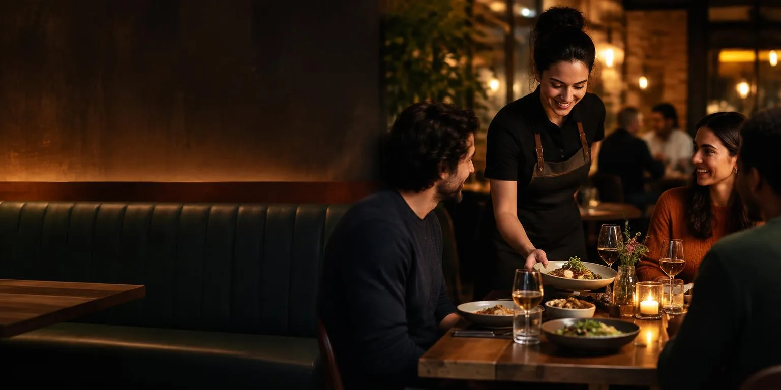 Restaurant server presenting a meal to diners at an independent restaurant